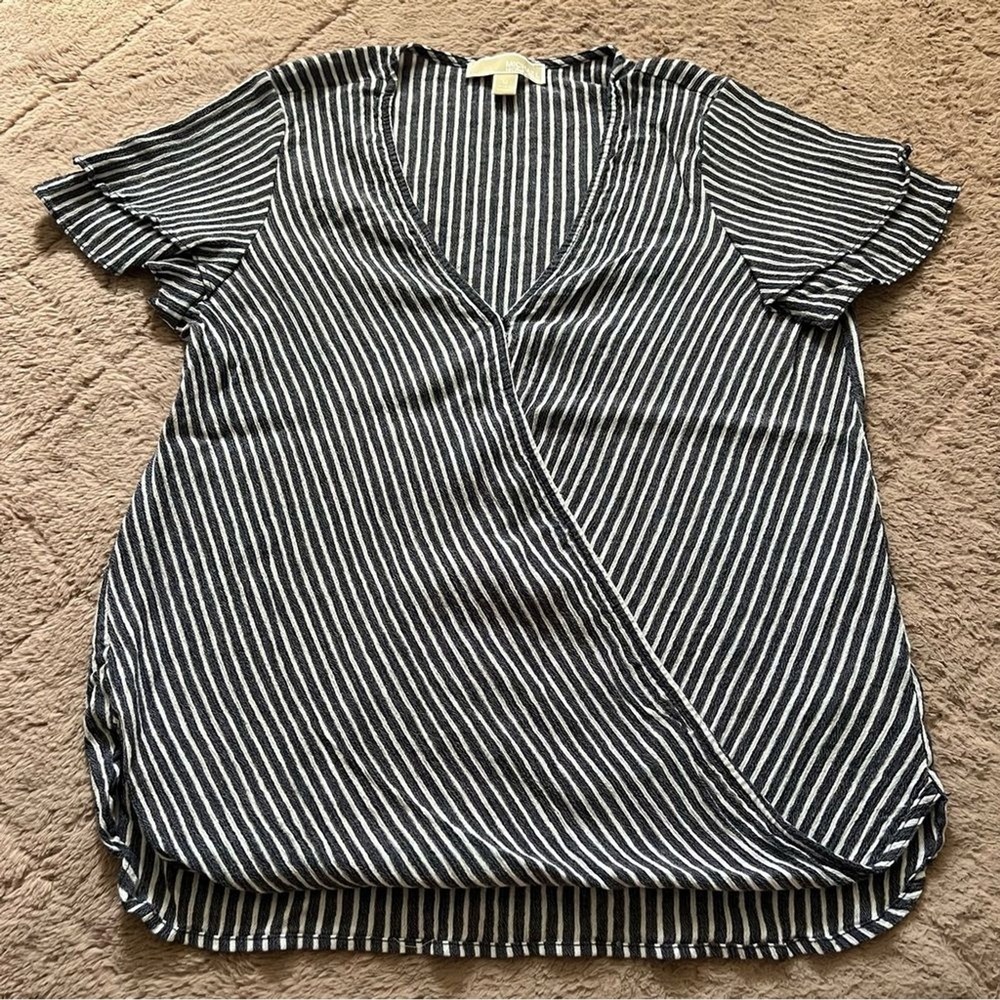 Michael Kors Cotton Blend Striped Wrap Blouse Preppy Minimalist Office Size M